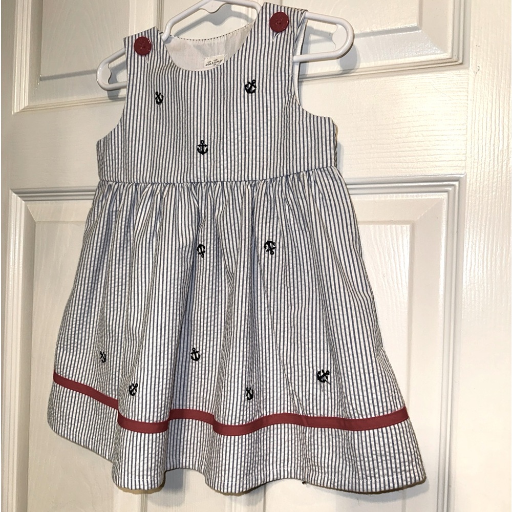 STARTING OUT, 24 Months Blue & White Striped Seersucker Dress, Anchor Details